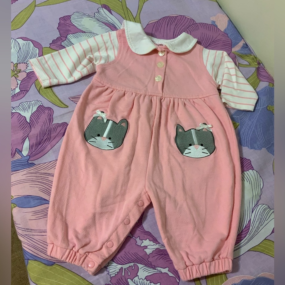 Like New VTG Buster Brown Romper Pink &  Embroidered Cat Baby Girl 3/6M